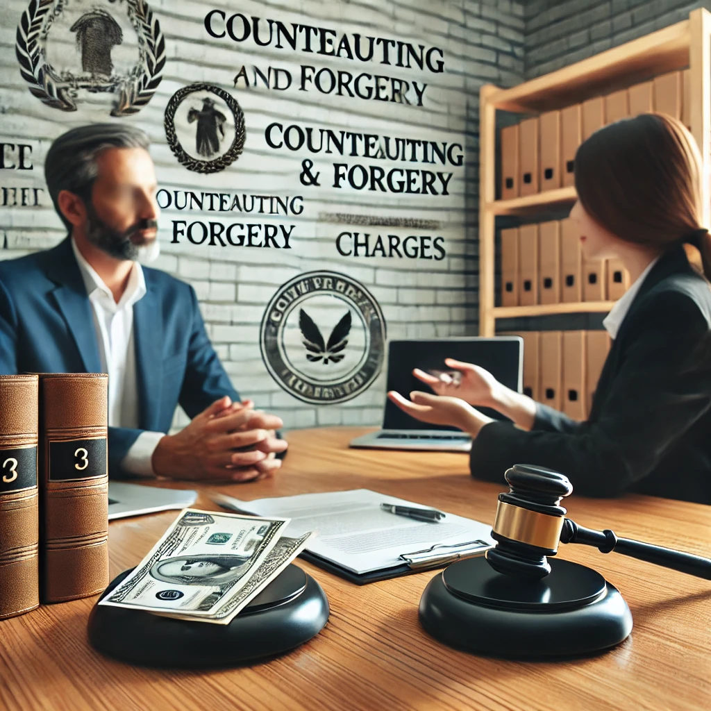 Legal expert consulting about counterfeiting and forgery charges in a focused environment.