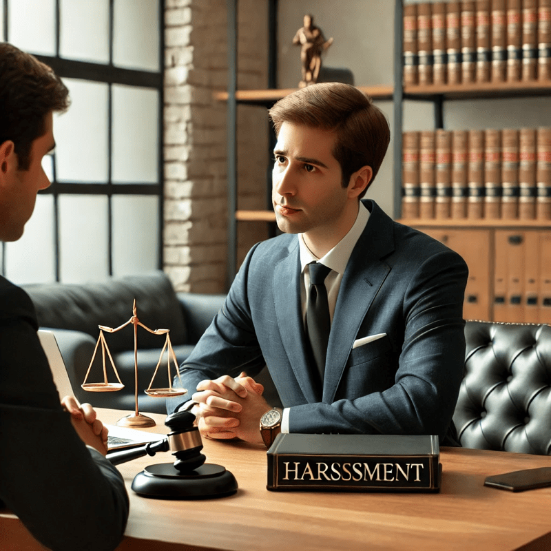 Attorney consulting on harassment charges in Dallas