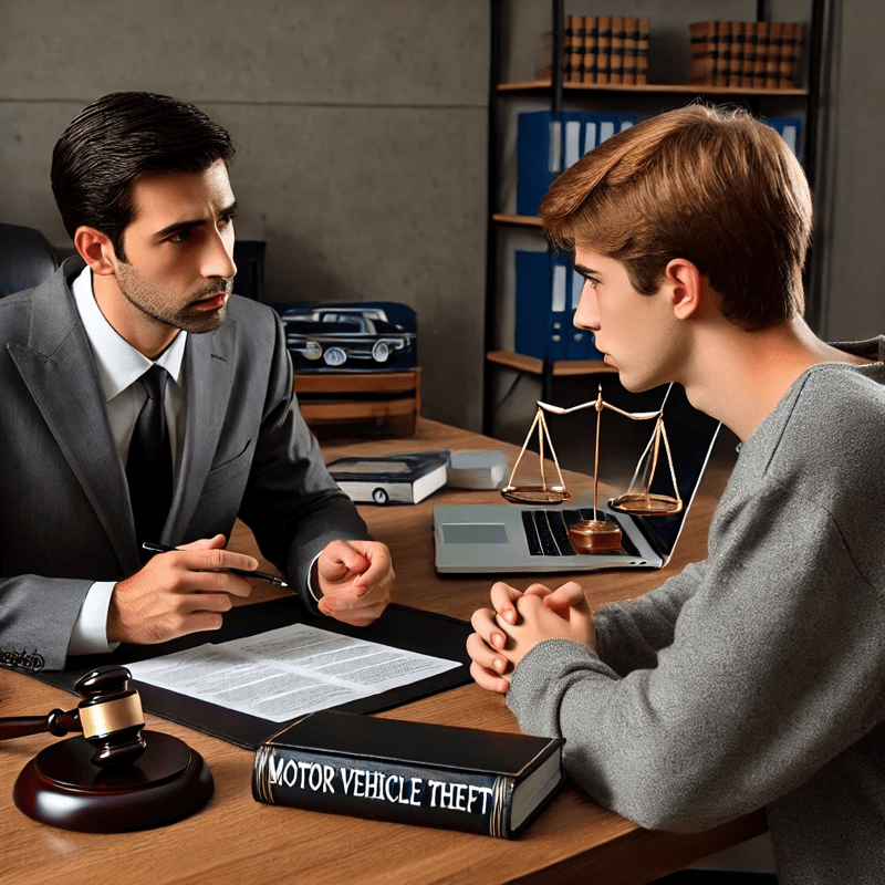 Attorney explaining motor vehicle theft case to client in Dallas office