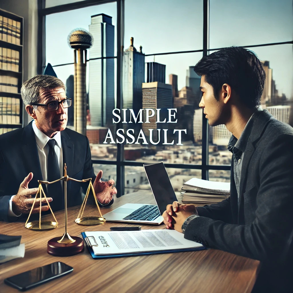 Attorney consulting with simple assault client in Dallas office