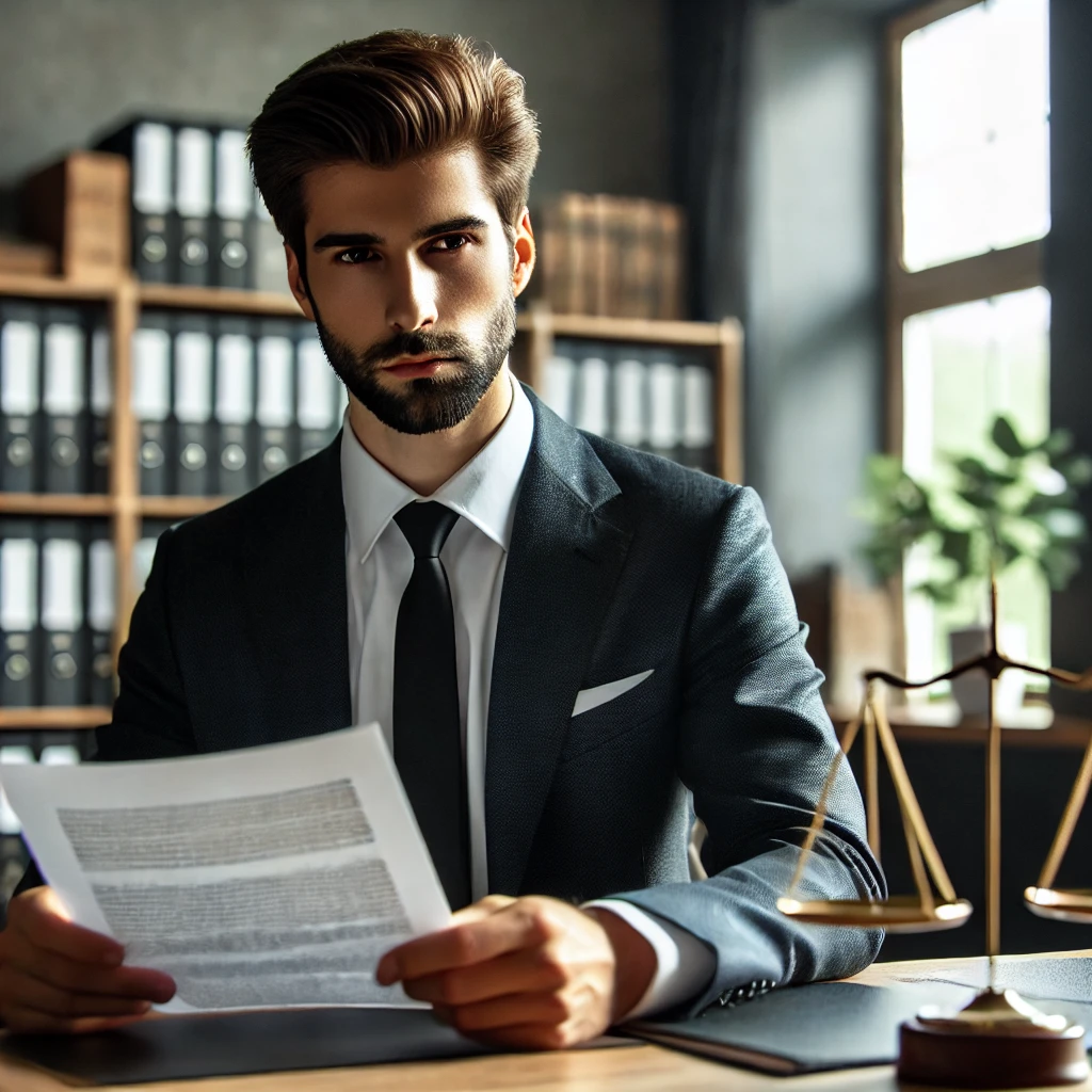 Defense attorney consulting with a client about white-collar crime charges in a professional legal office.